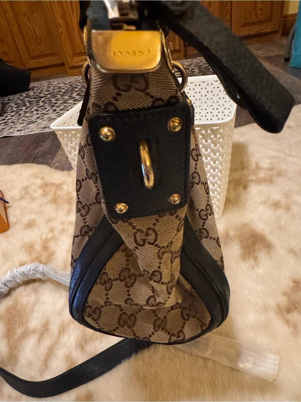 Gucci Brown GG Canvas Tote with Black Leather Trim with COA